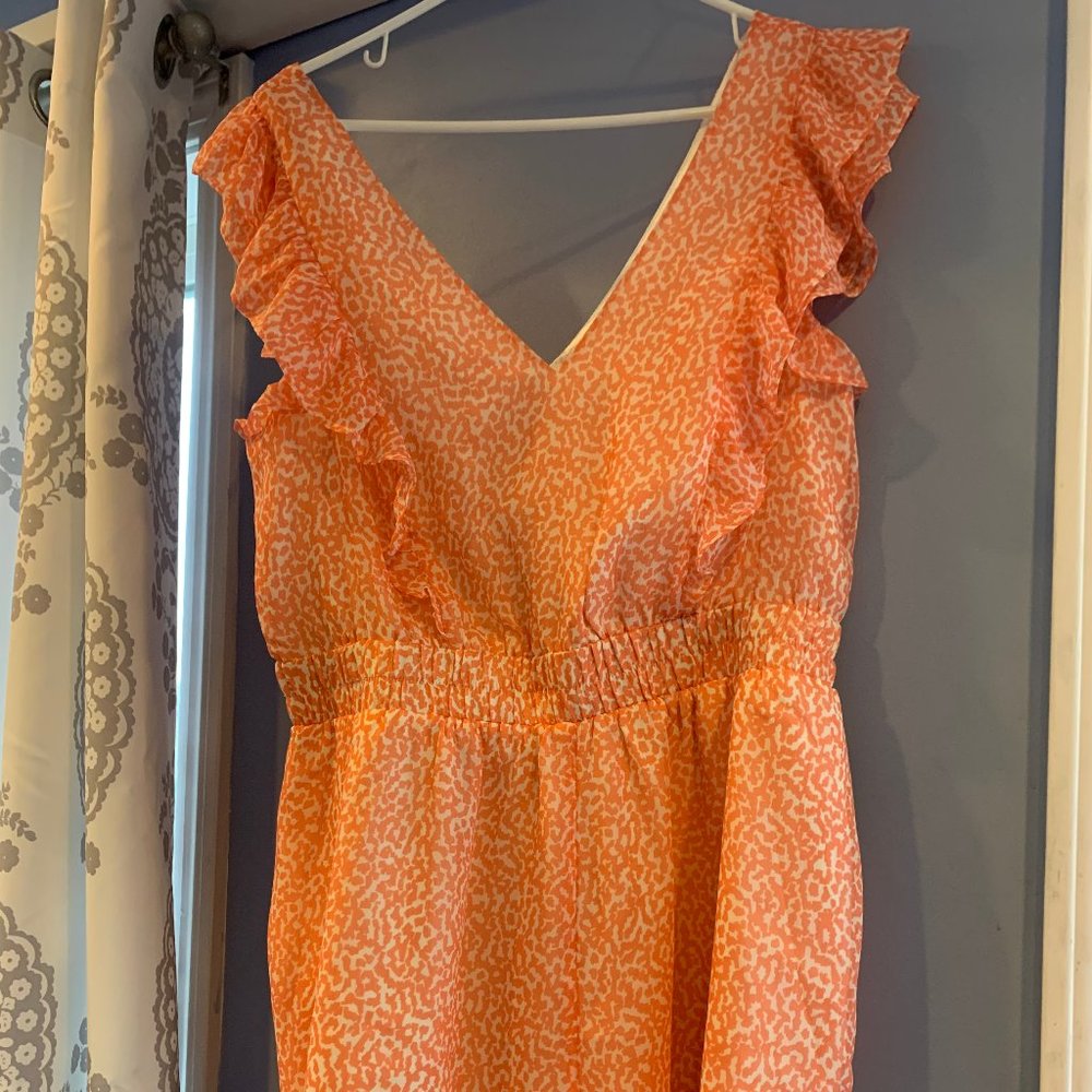 Express Romper Size Large (12-14), coral/tangerine color print